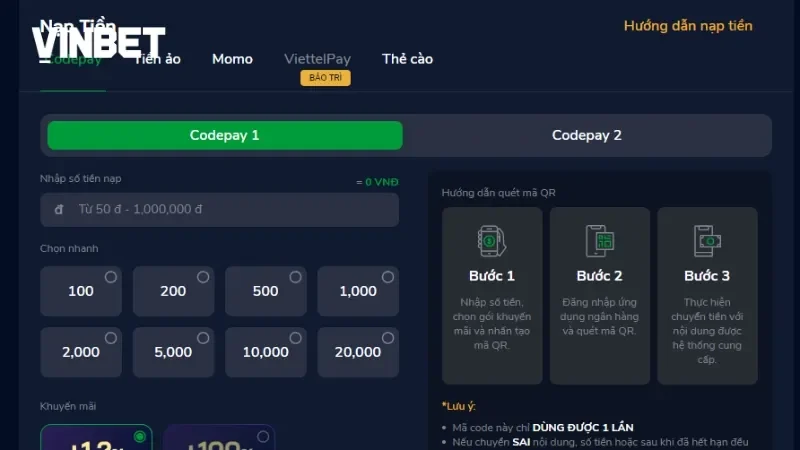 Nạp tiền qua CodePay ngân hàng