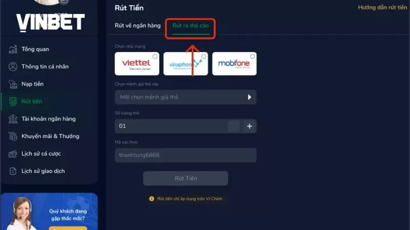 Cách rút tiền Vinbet về thẻ cào điện thoại